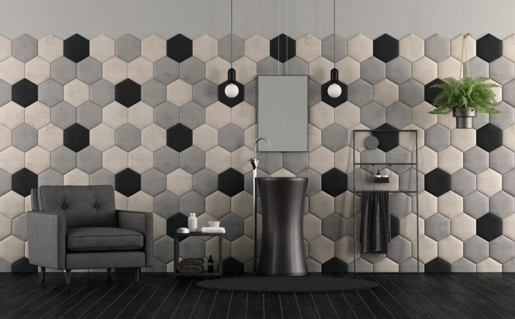 Bathroom with sink and hexagonal tiles