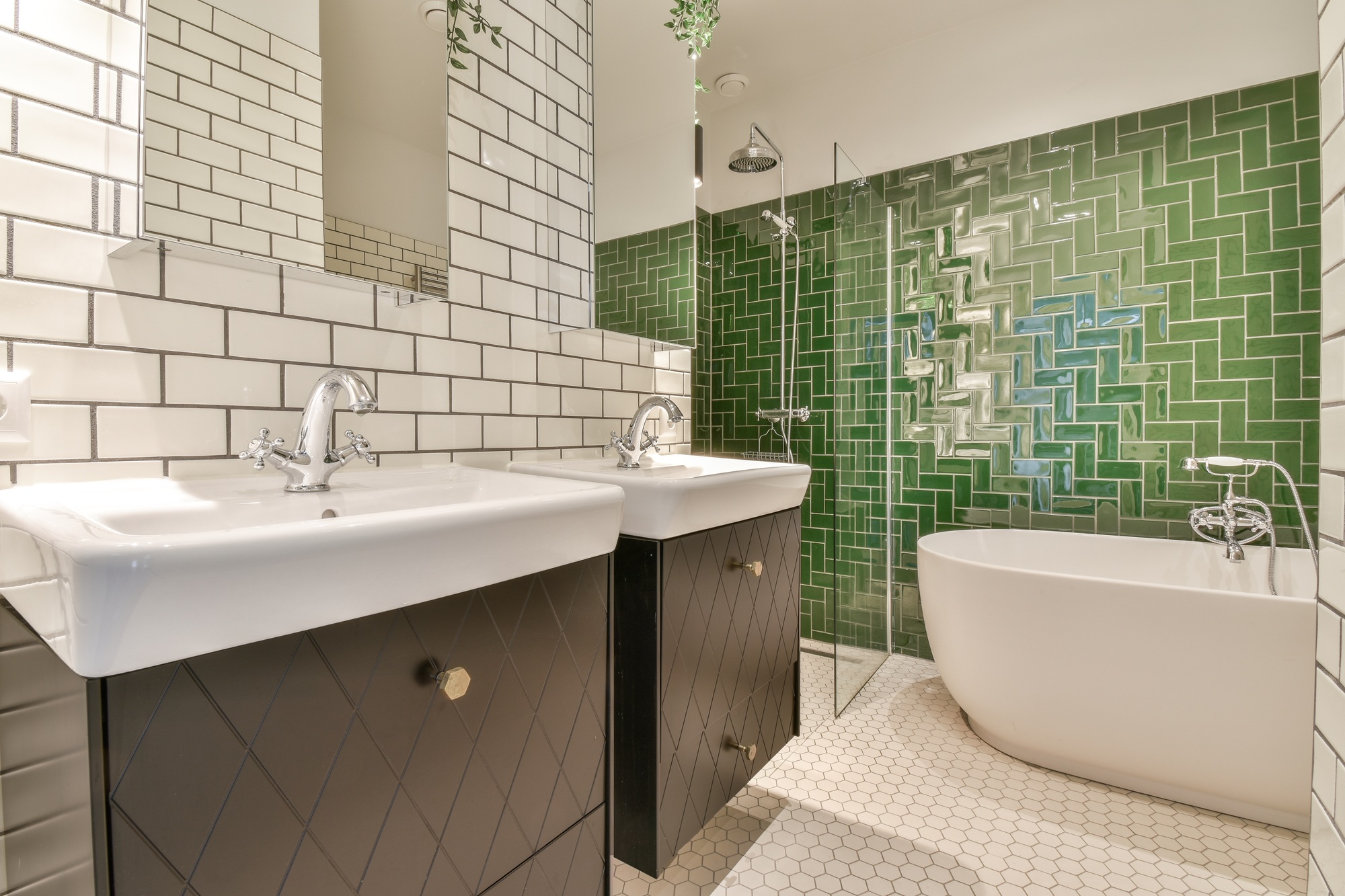 Stylish bathroom with unusual brick tiles